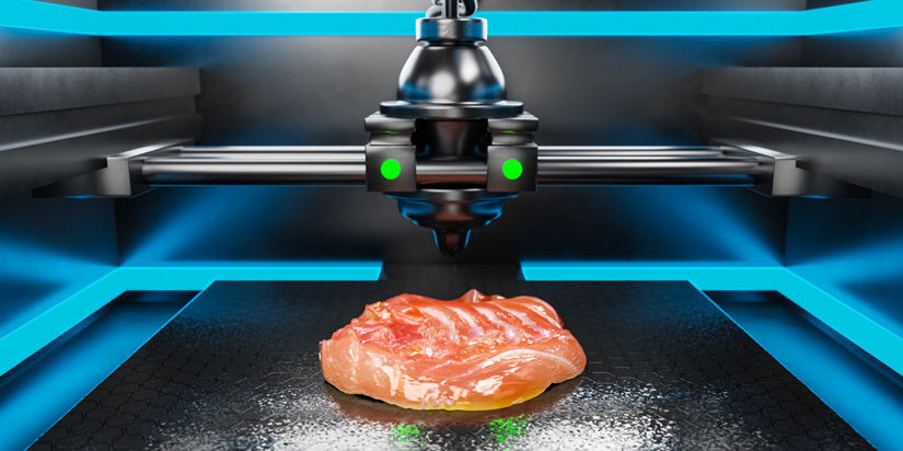 3D Rendering illustration of a cutting-edge food production method: 3D-printed fish flesh that&#39;s all set to be cooked.