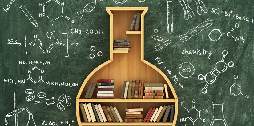 Bookcase in share of a flask in front of a chalkboard covered with chemistry and science related graphics