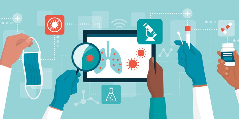 Illustration of coronavirus covid-19: doctors holding medical equipment and searching for a cure together