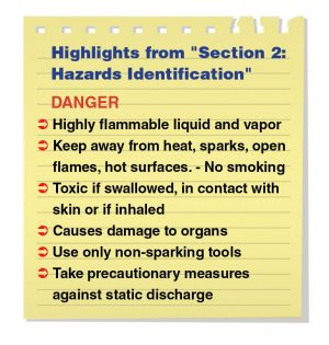 Highlights from &#34;Section 2: Hazards Identification&#34; DANGER: Highly flammable liquid and vapor; Keep away from heat, sparks, open flames, hot surfaces. - No smoking; Toxic if swallowed, in contact with skin or if inhaled; Causes damage to organs; Use only non-sparking tools; Take precautionary measures against static discharge