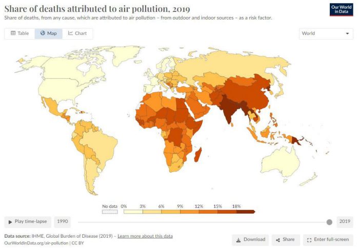 Map showing the share of deaths attributed to air pollution in 2019