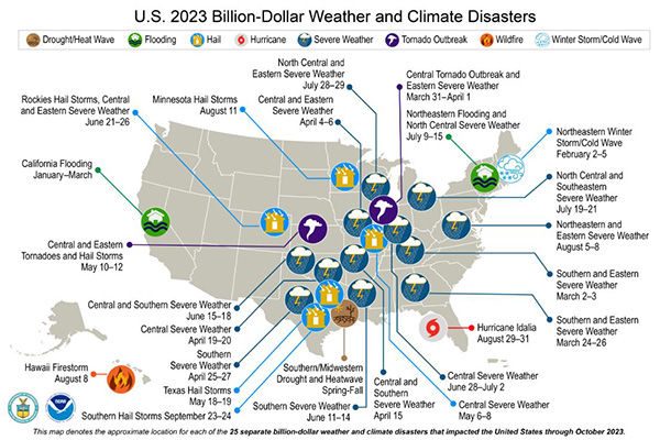 Illustration showing the U.S. 2023 Weather and Climate Disasters