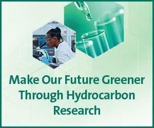 Image of young woman wearing goggles looking through a microscope next to another image of a dropper, dropping a clear liquid in a test tube with a green background. Text reads: Make our future greener through hydrocarbon research. 