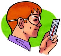 Students looking closely at the parts of the thermometer