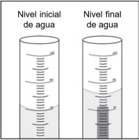 measuring the difference between the initial water level and the final water level