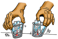 Swirling both cups and checking the temperature to record