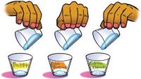 Three hands simultaneously pouring water into three separate cups labeled &#34;precipitate,&#34; &#34;sodium bicarbonate,&#34; and &#34;calcium chloride&#34;