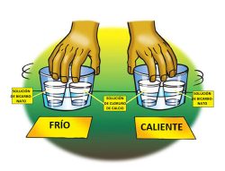 Hot and cold water baths, each containing one cup of baking soda solution and one cup of calcium chloride solution