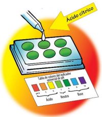 Dropper used to add 1 drop of citric acid solution to a well. A universal indicater pH color chart is placed near the well.