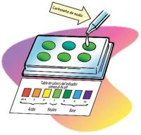 Dropper used to add 1 drop of more concentrated sodium carbonate solution to a well. A universal indicater pH color chart is placed near the well.