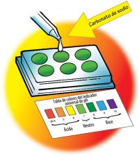 Dropper used to add 1 drop of sodium carbonate solution to a well. A universal indicater pH color chart is placed near the well.