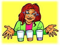 Teacher showing cups with different colors, one clear, one with a red color, and one with a purple color