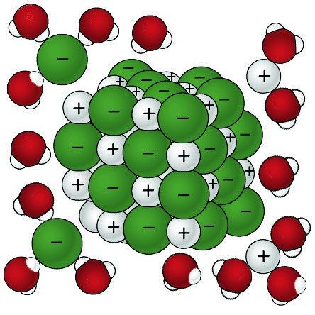 sodium chloride and water molecules