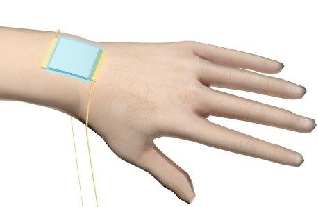Rendering of a blue patch on a person's wrist