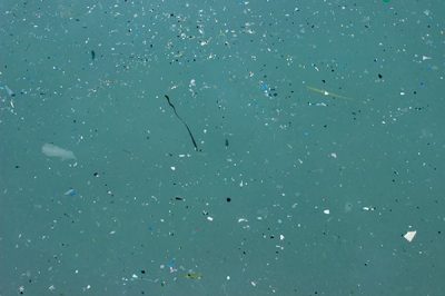 Underwater shot of plastic debris floating in the water