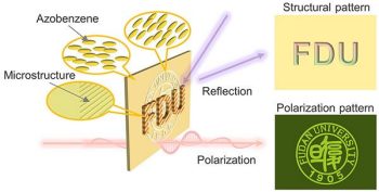 An illustration shows a rectangular film containing two separate images: A structural pattern with the letters F, D and U comes from microstructures on the film and reflected light; a polarization pattern of the Fudan University seal comes from realigned azobenzene molecules and polarized light.